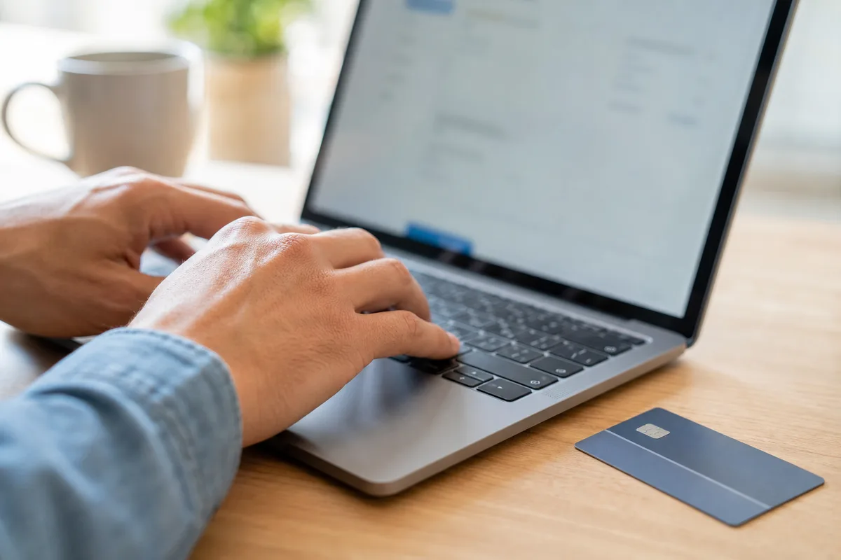 Mains tapant sur un clavier d’ordinateur portable avec une interface de facturation en ligne