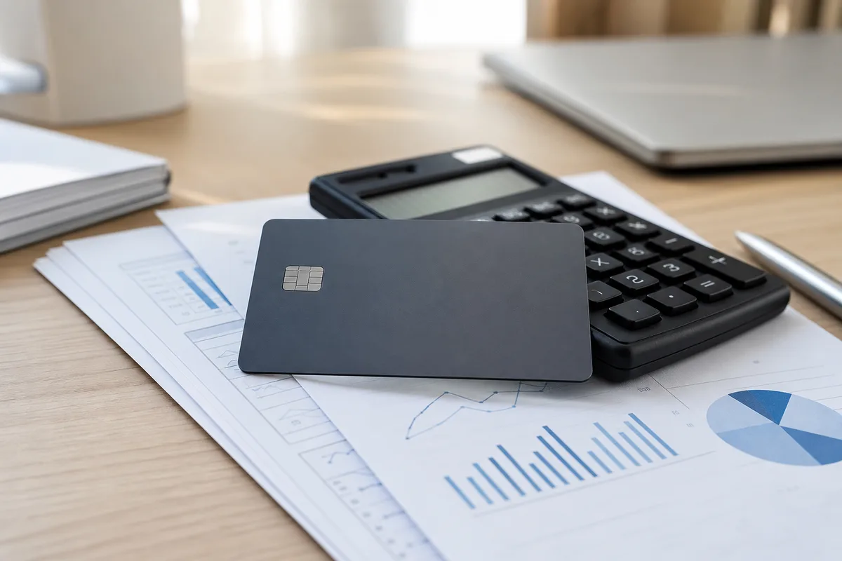 Carte bancaire professionnelle générique posée sur des documents financiers et une calculatrice
