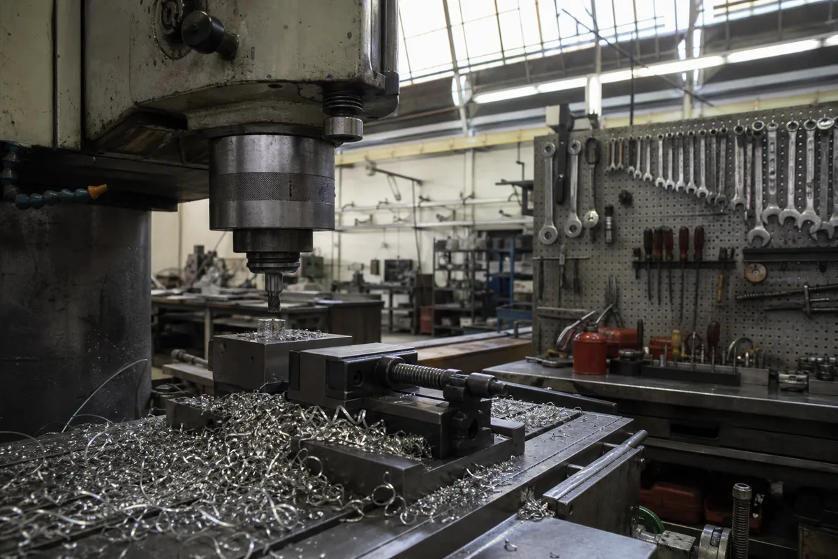Atelier d&rsquo;usinage d&rsquo;une PME française, machine-outil et copeaux métalliques sur l&rsquo;établi