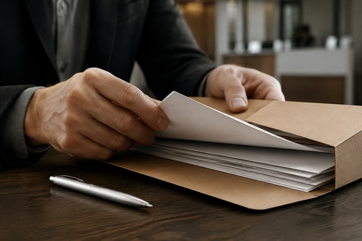 Bureau de conseiller bancaire avec dossier de financement ouvert et stylo