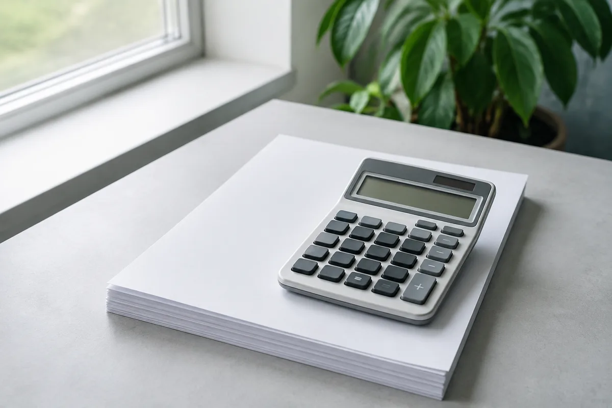 Calculatrice de bureau et feuilles vierges empilées près d&rsquo;une fenêtre