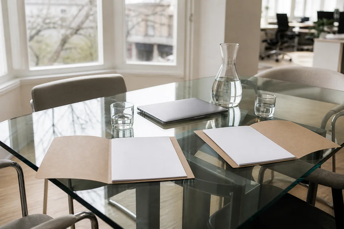 Table de réunion avec dossiers ouverts et ordinateur portable fermé