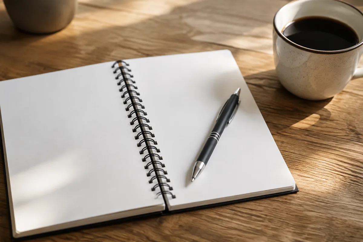 Carnet à spirale ouvert et stylo posés près d’une tasse de café