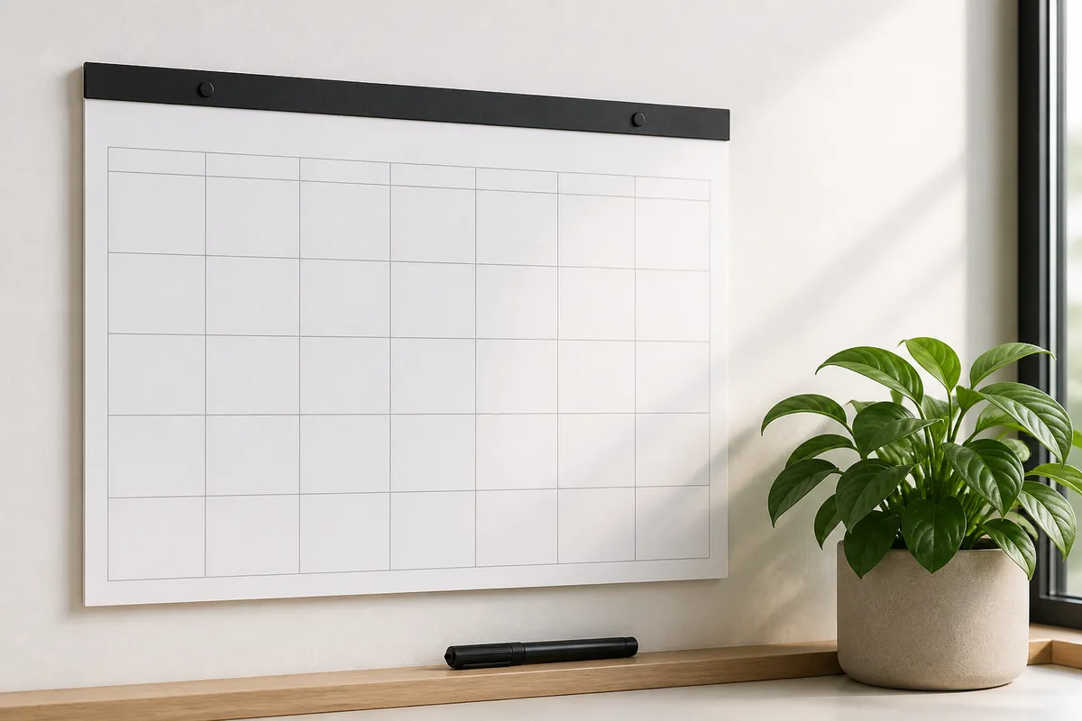 Calendrier mural à cases vierges et marqueur posé sur un bureau clair