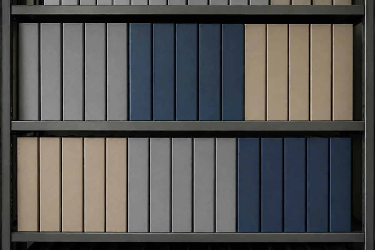 Classeurs numérotés et chemises colorées rangés sur une étagère de bureau