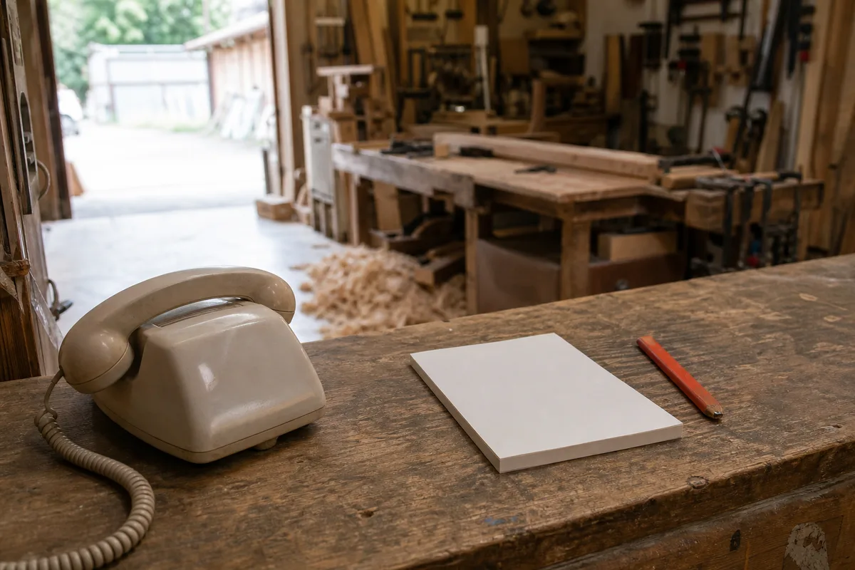 Téléphone fixe posé sur le comptoir désert d&rsquo;un petit atelier artisanal français