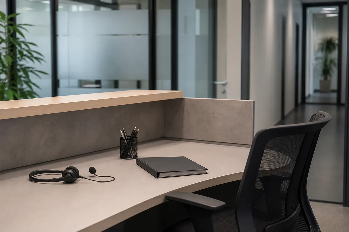 Bureau d&rsquo;accueil vide dans une petite entreprise française, casque de standard posé sur le plan de travail