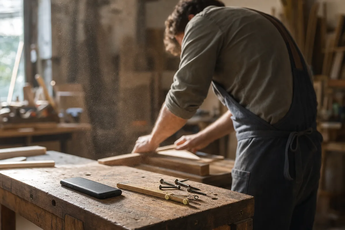 Artisan français au travail dans son atelier, smartphone posé à distance sur l&rsquo;établi