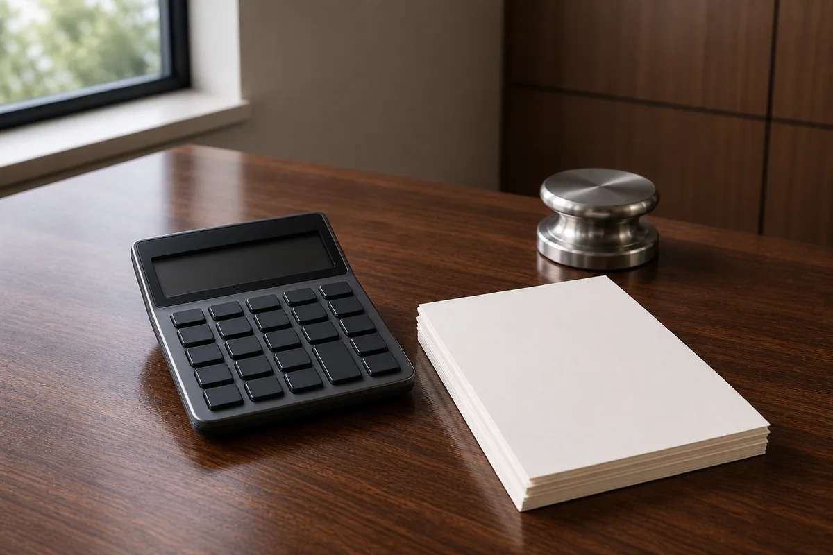 Calculatrice et documents financiers vierges sur un bureau en bois