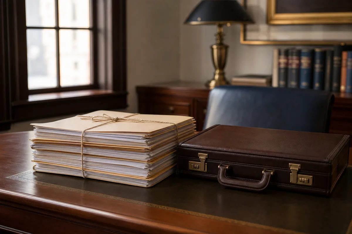 Pile de documents et dossiers vierges sur un bureau de banque